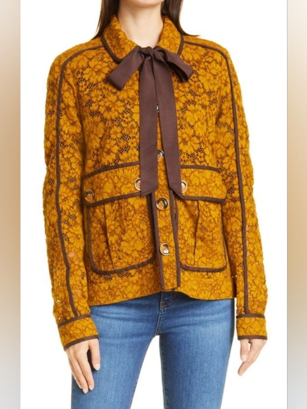Veronica Beard Coppola Floral Lace Jacket Blazer Mustard Pockets Size 8 - Picture 2 of 13